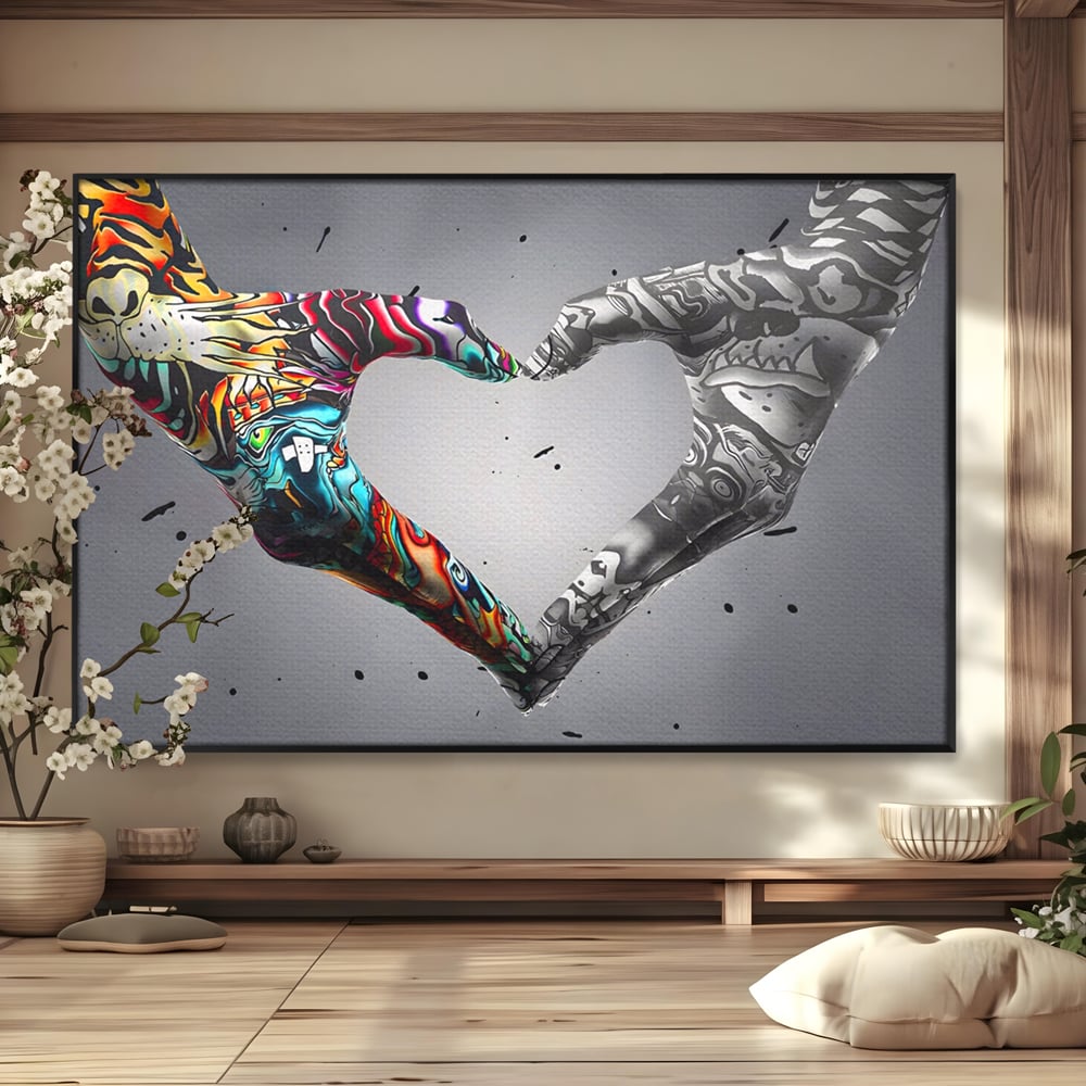 Tablou canvas cu tablou canvas cu maini in forma de inima stil grafitti, in rama de aluminiu negru